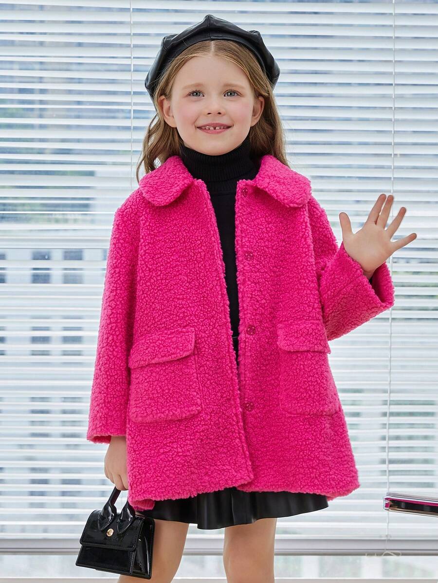 SHEIN Young Girl Flap Pocket Snap Button Up Drop Shoulder Teddy Coat - Hot Pink - View 1