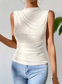 SHEIN Essnce Mock Neck Ruched Tank Top - White - View 6