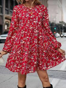 SHEIN Clasi Allover Floral Print Lantern Sleeve Ruffle Hem Smock Dress - Red - View 5