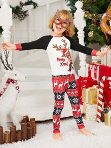 Chàng trai trẻ Giáng sinh Tuần lộc Gia đình Vừa Khít Bộ mặc nhà - Đỏ - Xem 5