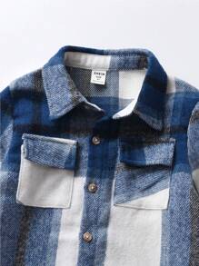 SHEIN 男小童格紋印花翻蓋口袋襯衫不帶T恤 - 藍色 - 查看 4