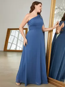 Plus One Shoulder Extra-Long Sleeve Chiffon Bridesmaid Dress - Dusty Blue - View 6