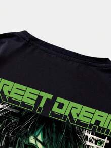 ROMWE MEN Anime Men Figure & Slogan Graphic Tee, School - Black - View 6