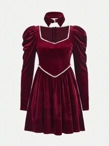 青少年女孩水鑽細節羊腿袖洋裝帶蝴蝶結適用於聖誕 - 酒紅色 - 查看 3