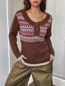 Muchica Mẫu Geo Nút phía trước Áo len - Nhiều màu - Xem 3