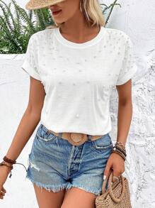 SHEIN VCAY 素色珍珠細節蝙蝠袖T恤 - 白色 - 查看 1