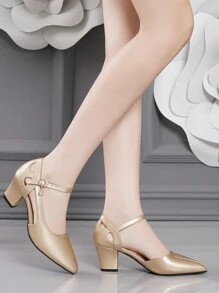 2025秋冬新款女士百搭舒适绑带凉鞋，高跟粗跟尖头套脚凉鞋，优雅女士高跟鞋，高贵典雅 - 金色 - 查看 3