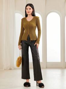 Modelyn 毛边罗纹针织套头衫，秋冬款 - 薑色 - 查看 4