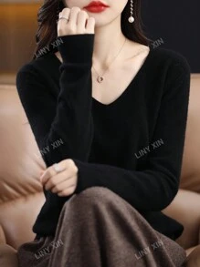 Pull col en V 100% laine mérinos pour femme, pull tricoté sans couture prêt à porter de première ligne pour un usage quotidien décontracté à manches longues