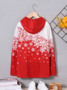 SHEIN Tween Girl Snowflake Print Zip Up Hooded Coat - Red and White - View 2