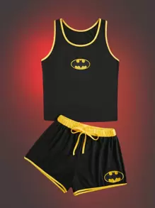 Batman X ROMWE 卡通图案撞色装订睡衣套装，学校 - 黑色 - 查看 1