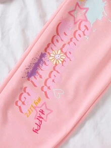 SHEIN Tween Girl Letter & Star Print Hoodie & Sweatpants - Black - View 3