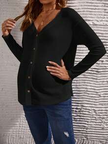 SHEIN 孕婦華夫格編織落肩T恤 - 黑色 - 查看 5