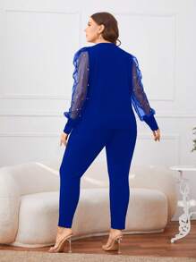 SHEIN Privé 大碼珍珠串珠網紗袖上衣和褲子套裝 - 寶藍色 - 查看 3