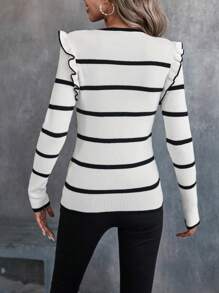Chiquease Striped Pattern Ruffle Trim Sweater - Black and White - View 2