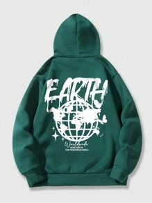 ROMWE MEN Street Life Nam Đồ họa Khẩu hiệu Túi kangaroo Dây rút Lót nhiệt Hoodie - màu xanh lá - Xem 1
