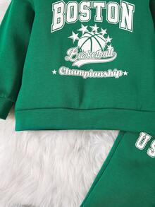 SHEIN Young Boy Letter Graphic Hoodie & Sweatpants - Green - View 4