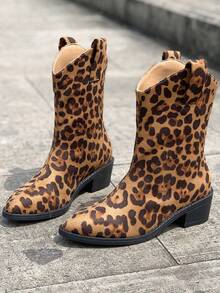 Women's Mid-calf Leopard Print Boots - Brown - View 3