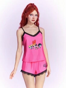 The Powerpuff Girls | ROMWE Đồ họa Hoạt hình Ren tương phản Bộ Áo Cami & Quần shorts PJ - Hồng - Xem 4