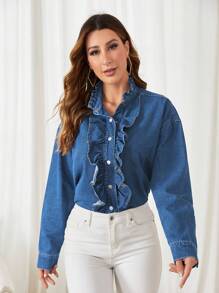 SHEIN Privé Drop Shoulder Ruffle Trim Denim Shirt - Dark Wash - View 5