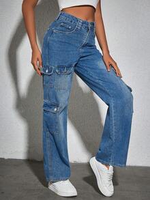 Jeans cargo con bolsillo con solapa - Azul lavado medio - Ver 3