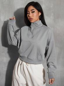 SHEIN Unity Áo nỉ cổ lửng tay trễ vai, kiểu dáng mùa thu. - Xám - Xem 6