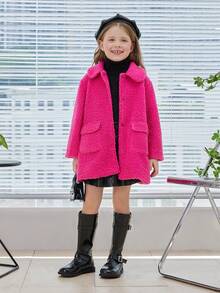SHEIN Young Girl Flap Pocket Snap Button Up Drop Shoulder Teddy Coat - Hot Pink - View 4