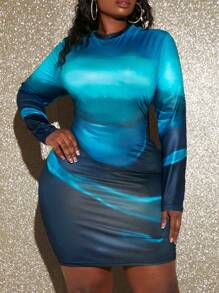 Slaydiva Plus Ombre Print Bodycon Dress - Teal Blue - View 1