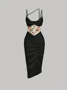 SHEIN MOD Floral Print Ruched Split Thigh Cami Dress - Black - View 1