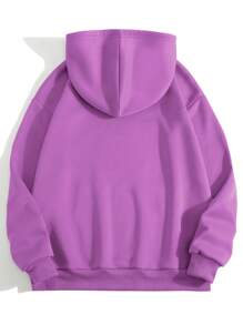 SHEIN EZwear 字母圖案袋鼠口袋抽繩加絨內裏連帽衫 - 紫色 - 查看 2