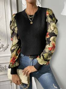 SHEIN Clasi Pull à côtes avec motif floral, pour l'automne et l'hiver - Noir - Voir 5