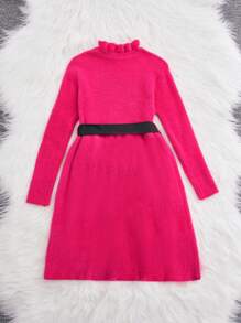 SHEIN Tween Girl Ruffle Neck Belted Trench Sweater Dress - Hot Pink - View 2