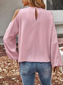 SHEIN Essnce 挖肩珍珠串珠燈籠袖襯衫 - 粉色 - 查看 4