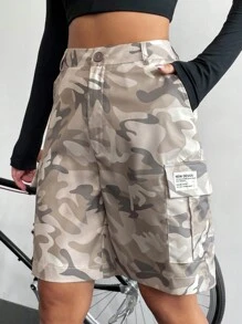 SHEIN Unity Camo Print Flap Pocket Side Cargo Shorts - Grey - View 3
