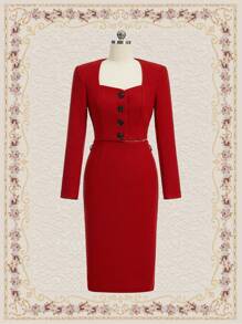 Vintamour 2pcs/Set Vintage Elegant Ladies Sweetheart Neck Long Sleeve Single-Breasted Blouse And Midi Skirt Set, Christmas - Red - View 3