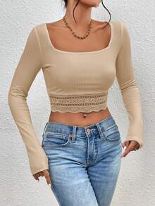 SHEIN Frenchy Cổ vuông Trang trí ren Áo phông Crop - Màu be - Xem 6