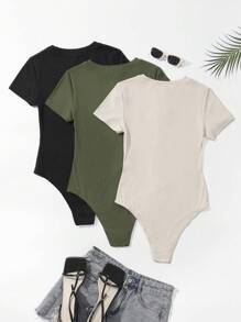 SHEIN Unity 3pcs Solid Ribbed Knit Bodysuit - Multicolor - View 2