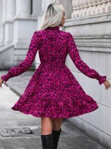 SHEIN Clasi 豹紋印花荷葉袖荷葉邊洋裝 - 玫紅色 - 查看 2