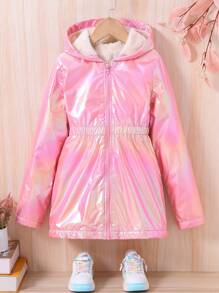 SHEIN Tween Girl Holographic Teddy Lined Hooded Coat - Pink - View 3