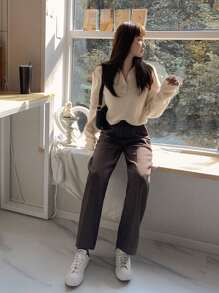 DAZY 纯色落肩毛衣、长袖上衣、秋装 - 杏色 - 查看 3