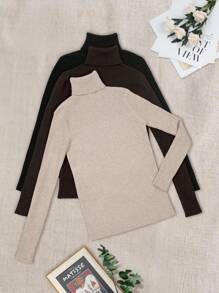 SHEIN LUNE 3pcs Solid High Neck Ribbed Knit Knit Pullover Fall Winter Sweater - Multicolor - View 2
