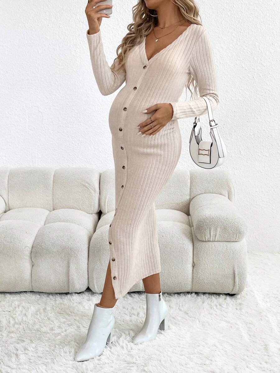 SHEIN Maternity Button Through Ribbed Knit Bodycon Dress - Apricot - View 1
