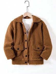 男大童1入組翻蓋口袋絨毛外套 - 棕色 - 查看 1