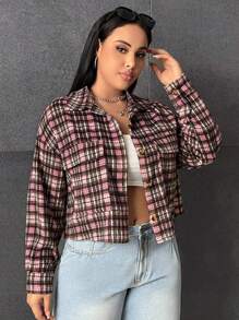 SHEIN EZwear Plus Flap Pocket Plaid Print Drop Shoulder Overcoat - Multicolor - View 5