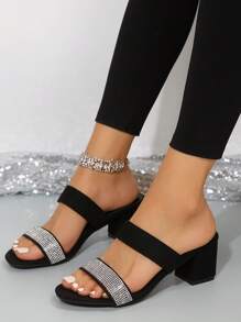 nueva llegada dorado tono punta redonda grueso tacón Mules de mujeres tacón alto Zapatillas