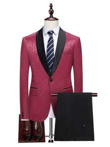 Manfinity Mode Men 1pc Contrast Shawl Collar Blazer & 1pc Suit Pants - Burgundy - View 1
