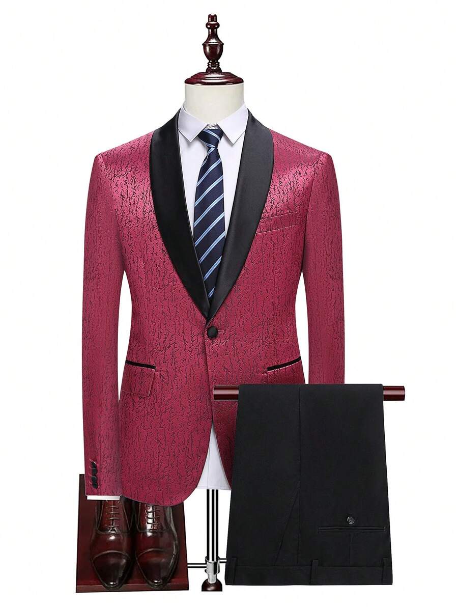 Manfinity Mode Men 1pc Contrast Shawl Collar Blazer & 1pc Suit Pants - Burgundy - View 1