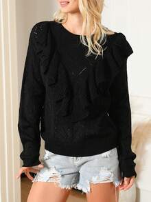 Solid Ruffle Trim Drop Shoulder Pointelle Knit Sweater - Black - View 1