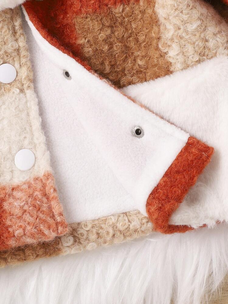 Baby Girl Plaid Pattern Double Pocket 3D Ear Design Hooded Teddy Lined Coat