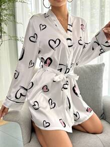 Heart Print Contrast Piping Belted Satin Robe Luxe Loungewear Cozy And Elegant Details, For Fall & Winter - White - View 5